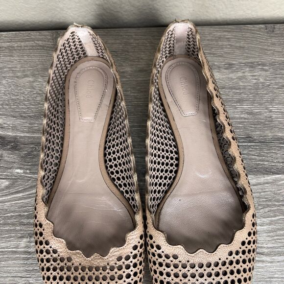 CHLOE Perforated Leather Lauren Scalloped Ballet Flats 37.5 US 7 Nude Beige - Picture 6 of 9